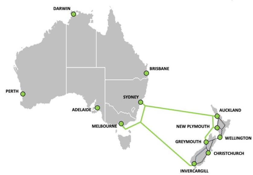 A map showing the proposed subsea cable route linking major Australian cities (Perth, Adelaide, Melbourne, Sydney, Brisbane, Darwin) with New Zealand landing points (Auckland, New Plymouth, Wellington, Greymouth, Christchurch, Invercargill).